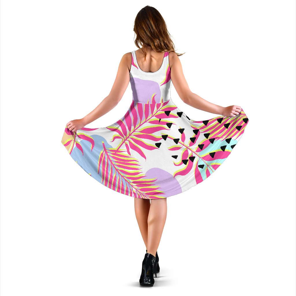 Pink Tropical Palm Leaves Sleeveless Mini Dress