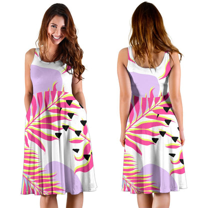 Pink Tropical Palm Leaves Sleeveless Mini Dress