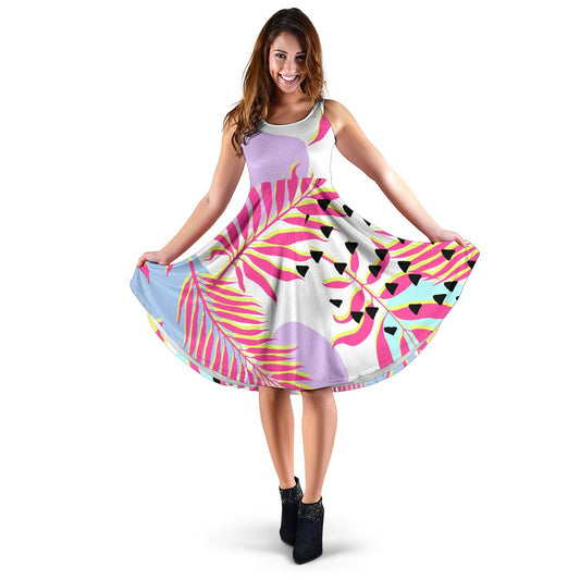 Pink Tropical Palm Leaves Sleeveless Mini Dress