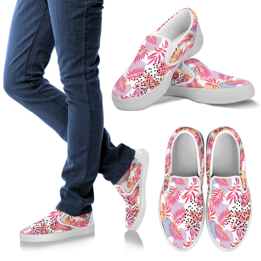 Pink Tropical Palm Leaves Women Canvas Slip On Shoes