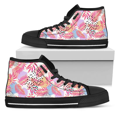 Pink Tropical Palm Leaves Women High Top Canvas Shoes