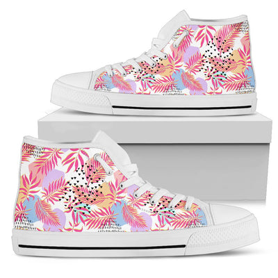 Pink Tropical Palm Leaves Women High Top Canvas Shoes