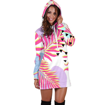 Pink Tropical Palm Leaves Women Hoodie Dress