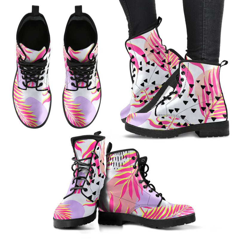 Pink Tropical Palm Leaves Women Leather Boots