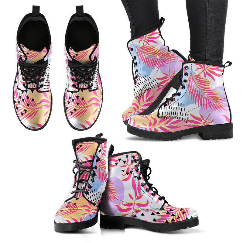 Pink Tropical Palm Leaves Women & Men Leather Boots