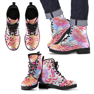 Pink Tropical Palm Leaves Women & Men Leather Boots