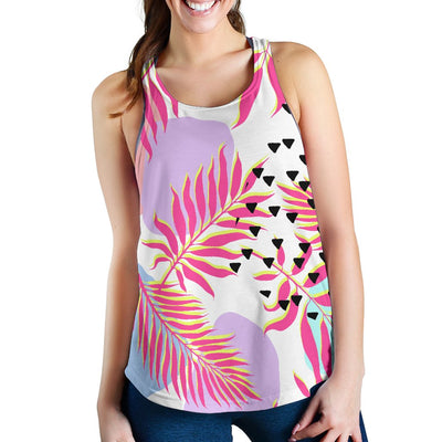 Pink Tropical Palm Leaves Women Racerback Tank Top