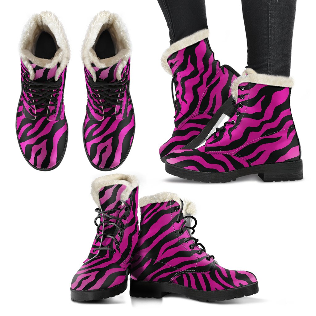 Pink Zebra Faux Fur Leather Boots