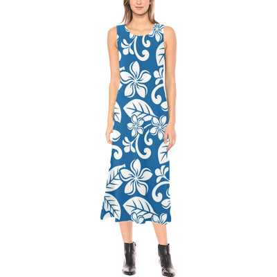 Plumeria Pattern Print Design PM013 Sleeveless Open Fork Long Dress