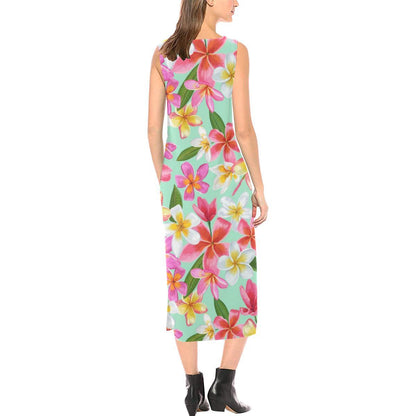 Plumeria Pattern Print Design PM014 Sleeveless Open Fork Long Dress