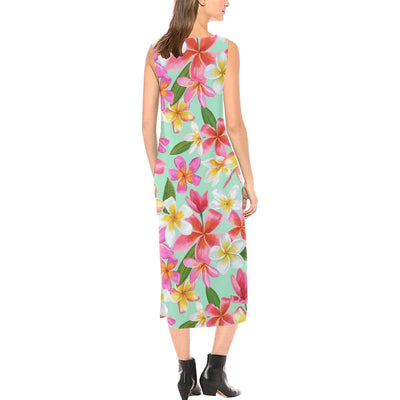 Plumeria Pattern Print Design PM014 Sleeveless Open Fork Long Dress