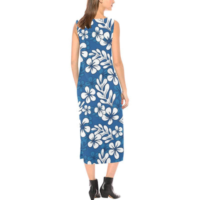 Plumeria Pattern Print Design PM015 Sleeveless Open Fork Long Dress