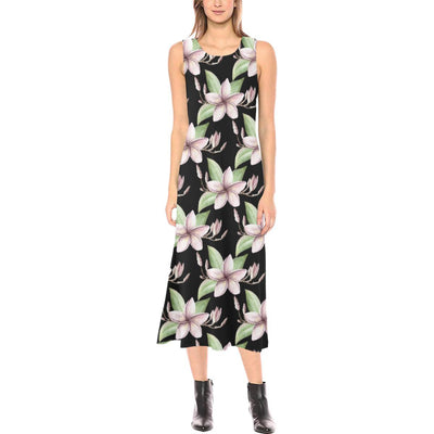 Plumeria Pattern Print Design PM02 Sleeveless Open Fork Long Dress