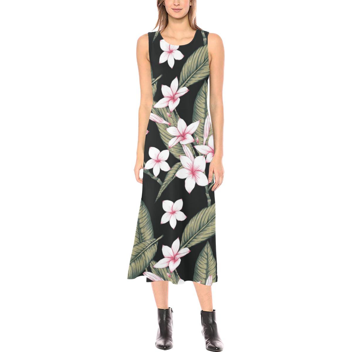 Plumeria Pattern Print Design PM021 Sleeveless Open Fork Long Dress