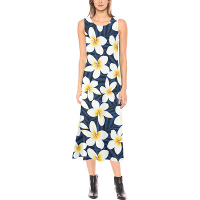 Plumeria Pattern Print Design PM026 Sleeveless Open Fork Long Dress