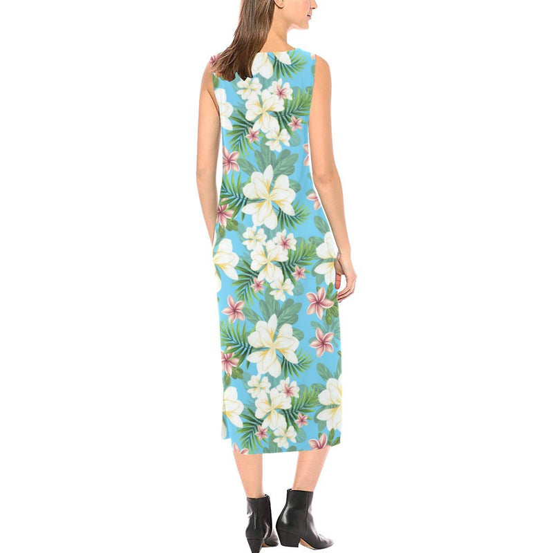 Plumeria Pattern Print Design PM027 Sleeveless Open Fork Long Dress