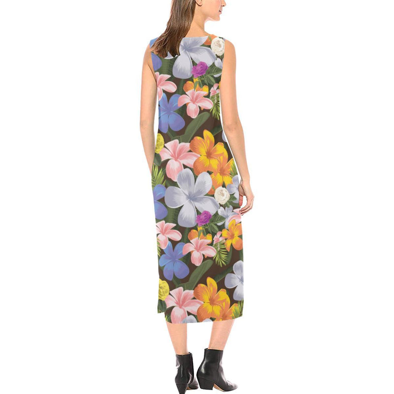 Plumeria Pattern Print Design PM03 Sleeveless Open Fork Long Dress