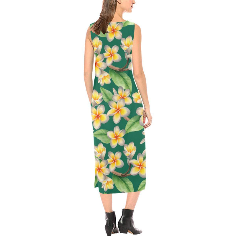 Plumeria Pattern Print Design PM07 Sleeveless Open Fork Long Dress