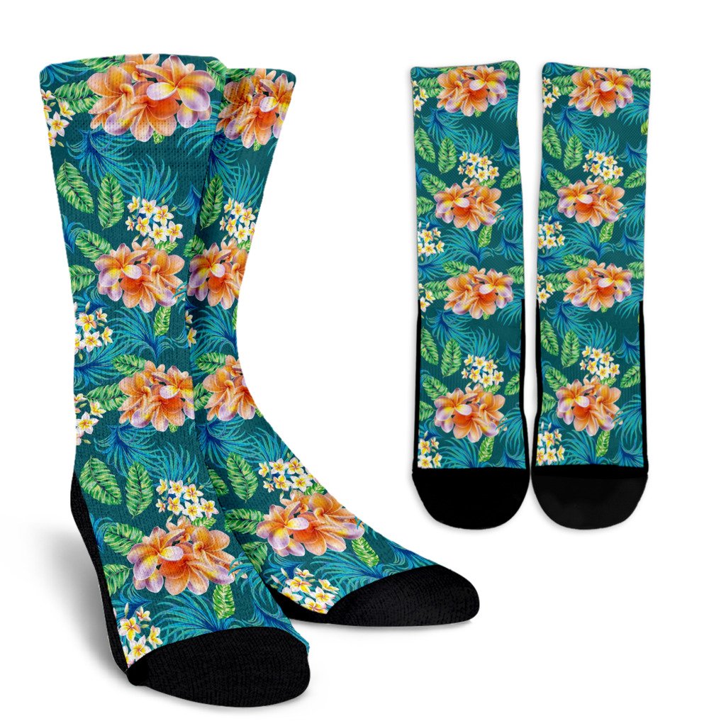 Plumeria Tropical Flower Design Print Crew Socks-JORJUNE.COM