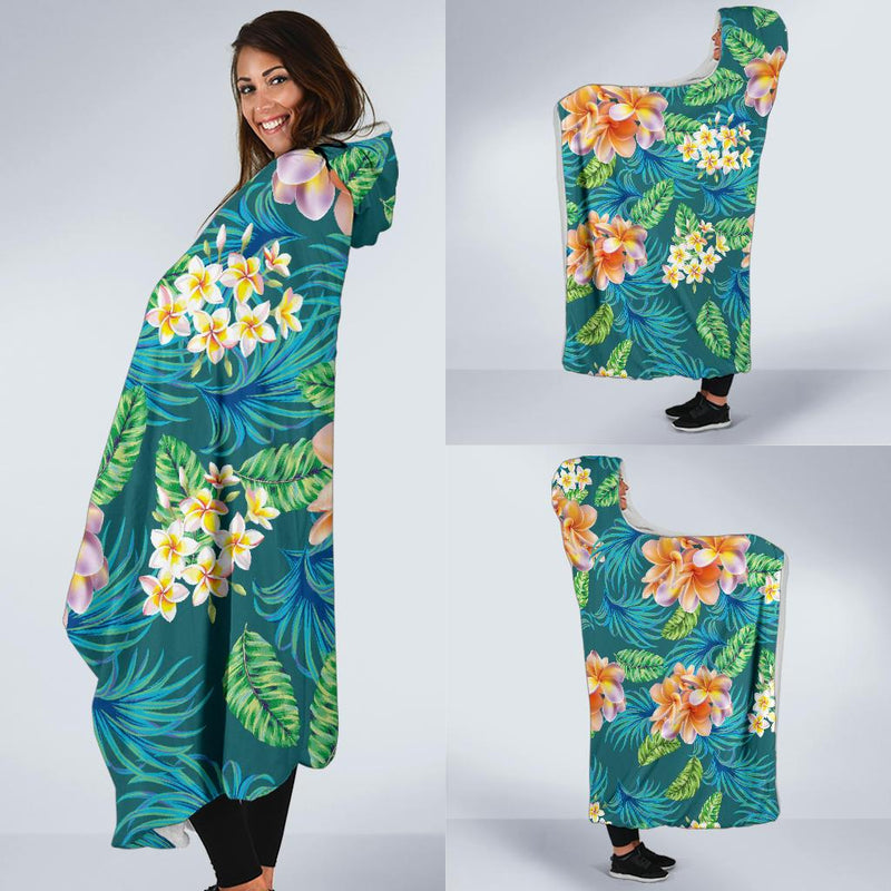 Plumeria Tropical Flower Design Print Hooded Blanket-JORJUNE.COM