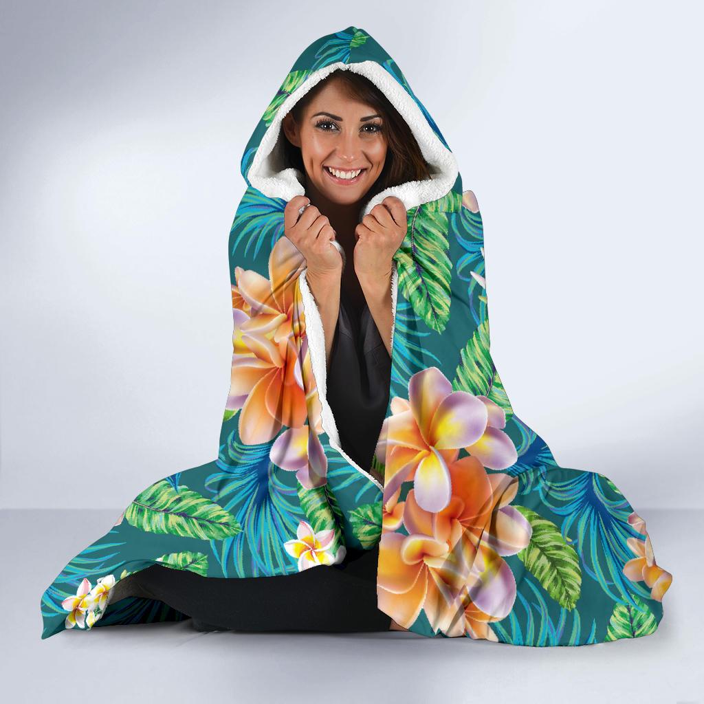 Plumeria Tropical Flower Design Print Hooded Blanket-JORJUNE.COM