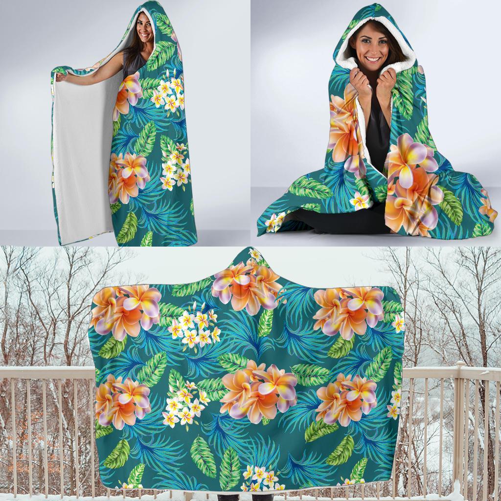 Plumeria Tropical Flower Design Print Hooded Blanket-JORJUNE.COM
