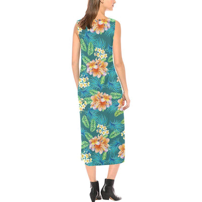 Plumeria Tropical Flower Design Print Sleeveless Open Fork Long Dress