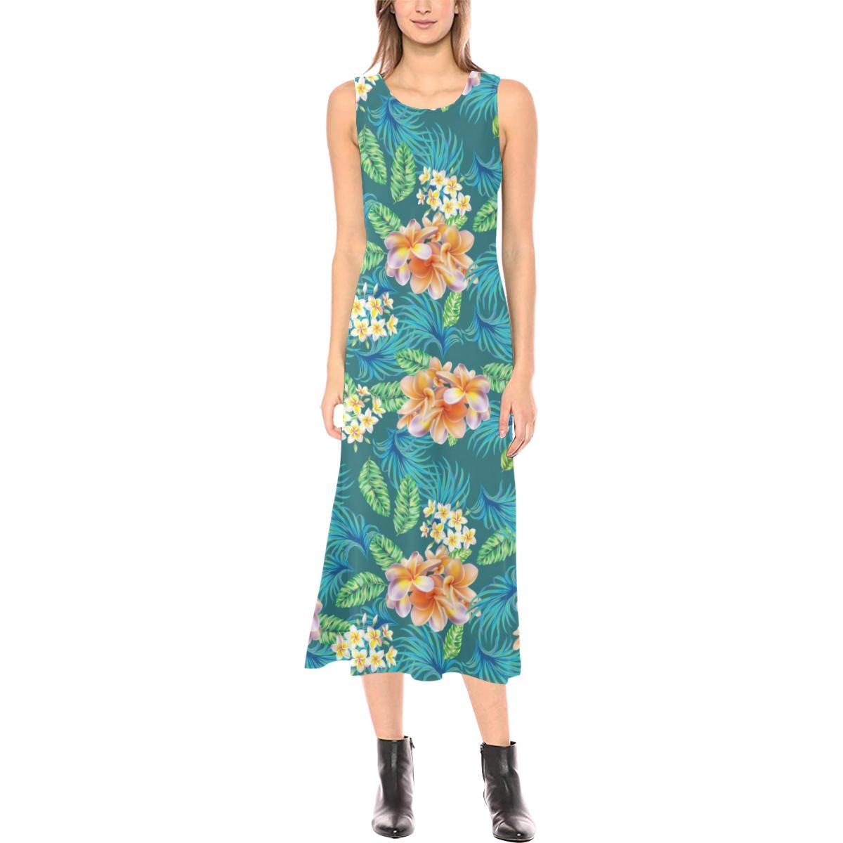 Plumeria Tropical Flower Design Print Sleeveless Open Fork Long Dress