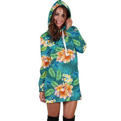 Plumeria Tropical Flower Design Print Women Hoodie Dress