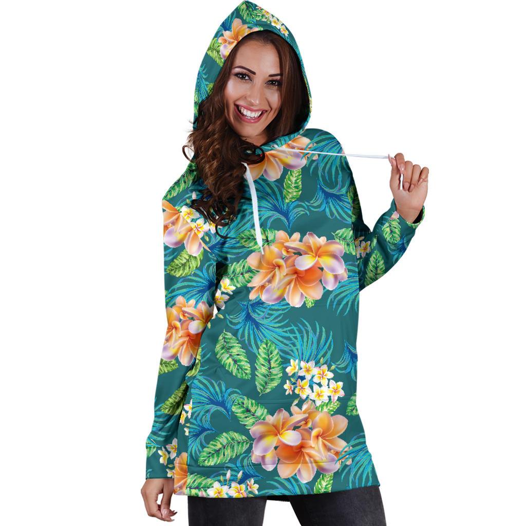 Plumeria Tropical Flower Design Print Women Hoodie Dress