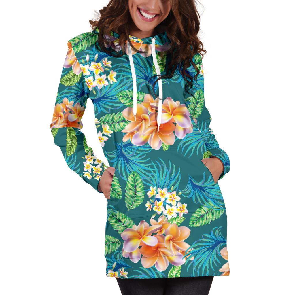Plumeria Tropical Flower Design Print Women Hoodie Dress