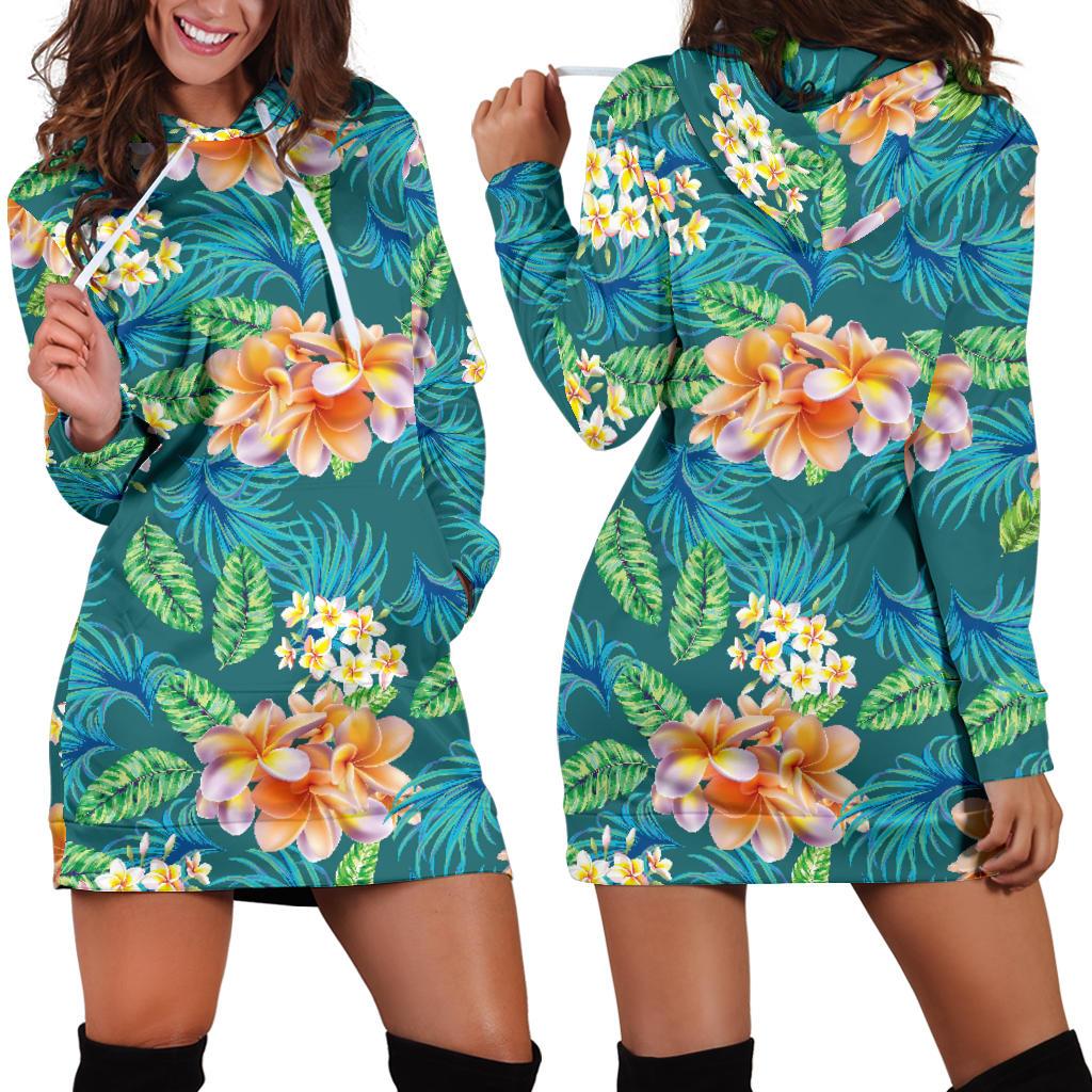 Plumeria Tropical Flower Design Print Women Hoodie Dress
