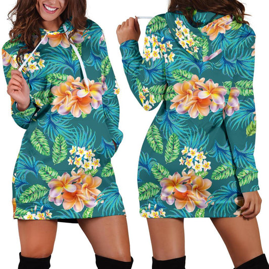 Plumeria Tropical Flower Design Print Women Hoodie Dress