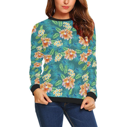 Plumeria Tropical Flower Design Print Women Long Sleeve Sweatshirt-JorJune