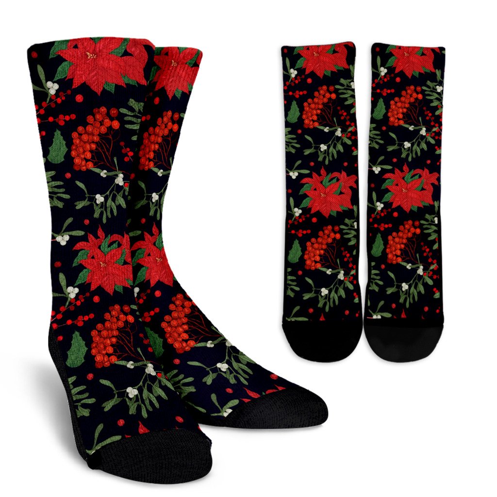 Poinsettia Pattern Print Design POT02 Crew Socks-JORJUNE.COM
