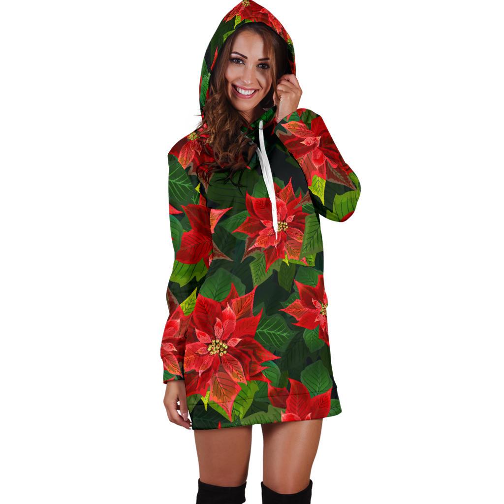Poinsettia Pattern Print Design POT04 Women Hoodie Dress