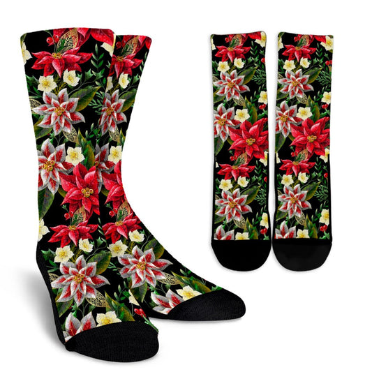 Poinsettia Pattern Print Design POT05 Crew Socks-JORJUNE.COM