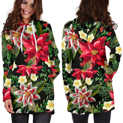 Poinsettia Pattern Print Design POT05 Women Hoodie Dress