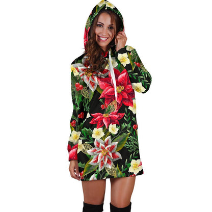 Poinsettia Pattern Print Design POT05 Women Hoodie Dress