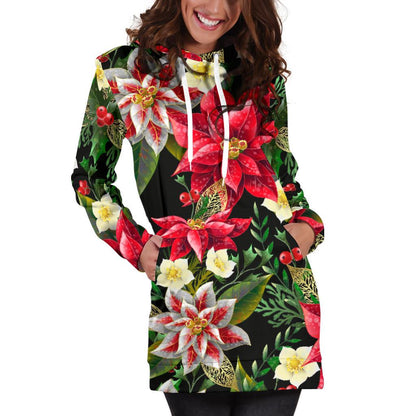 Poinsettia Pattern Print Design POT05 Women Hoodie Dress