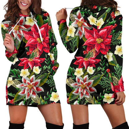 Poinsettia Pattern Print Design POT05 Women Hoodie Dress
