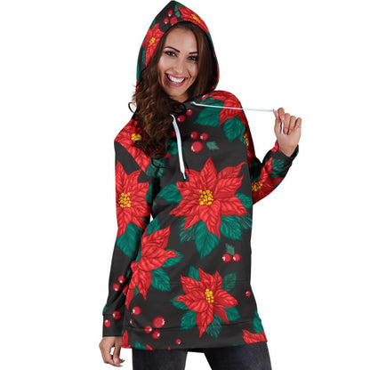 Poinsettia Pattern Print Design POT07 Women Hoodie Dress