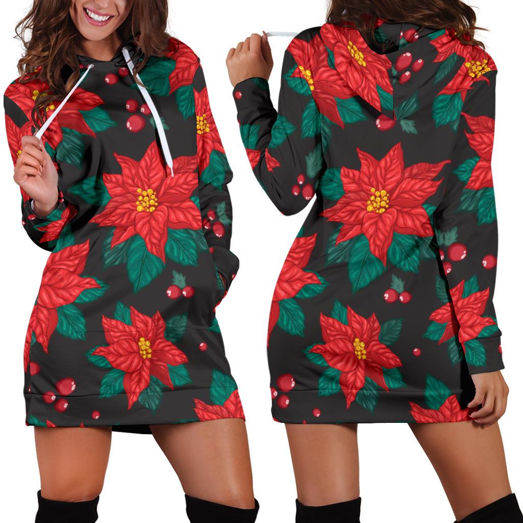 Poinsettia Pattern Print Design POT07 Women Hoodie Dress