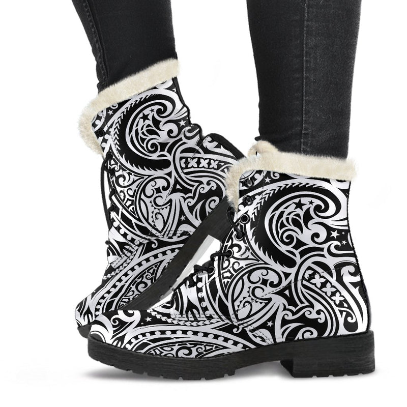 Polynesian Traditional Tribal Faux Fur Leather Boots