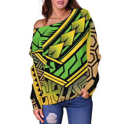 Polynesian Tribal Color Off Shoulder Sweatshirt
