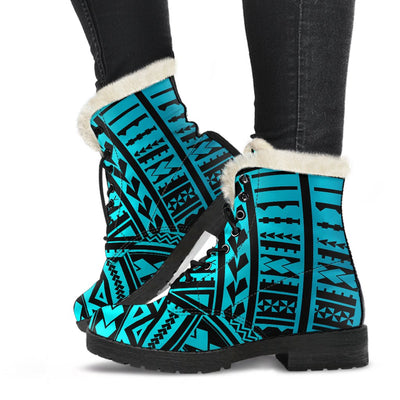Polynesian Tribal Faux Fur Leather Boots