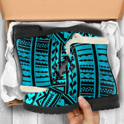 Polynesian Tribal Faux Fur Leather Boots