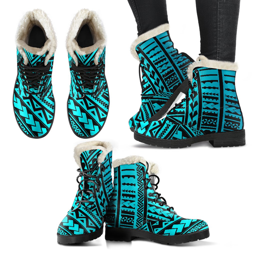 Polynesian Tribal Faux Fur Leather Boots