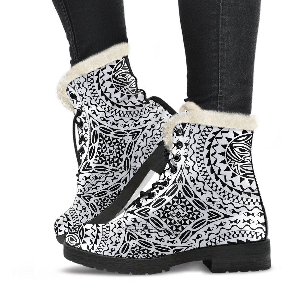 Polynesian Tribal Mask Faux Fur Leather Boots