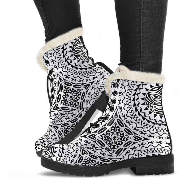 Polynesian Tribal Mask Faux Fur Leather Boots